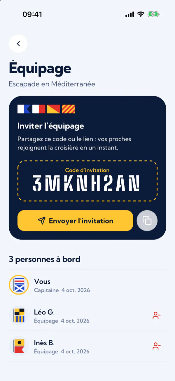 L’équipage : le code d’invitation à partager, épelé en pavillons, et les membres à bord.