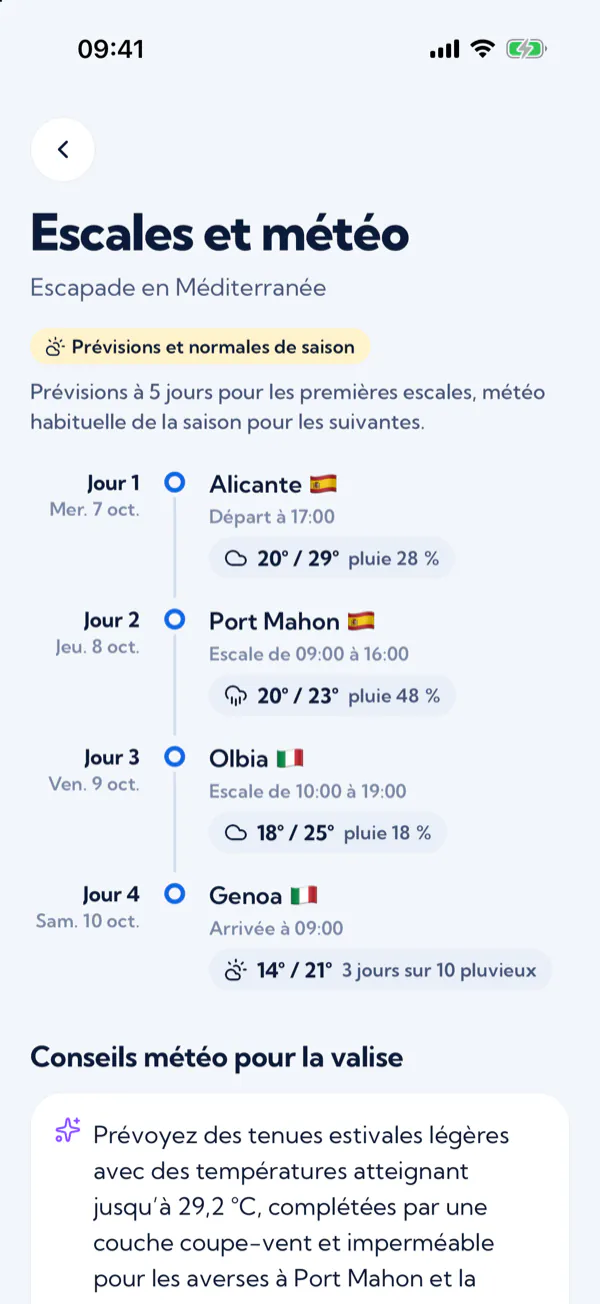 Escales et météo : chaque jour de la croisière, l’escale, ses horaires et la météo prévue.