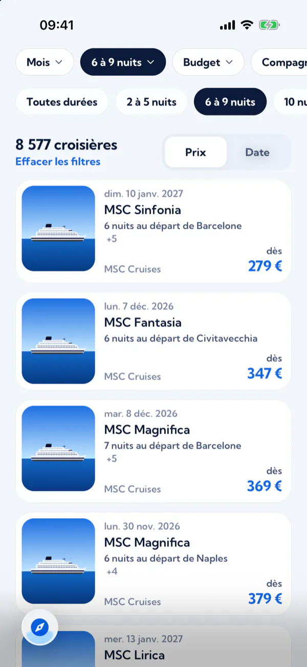 Explorer : les croisières à venir, filtrées par durée et triées par prix, avec leur prix de départ par personne.