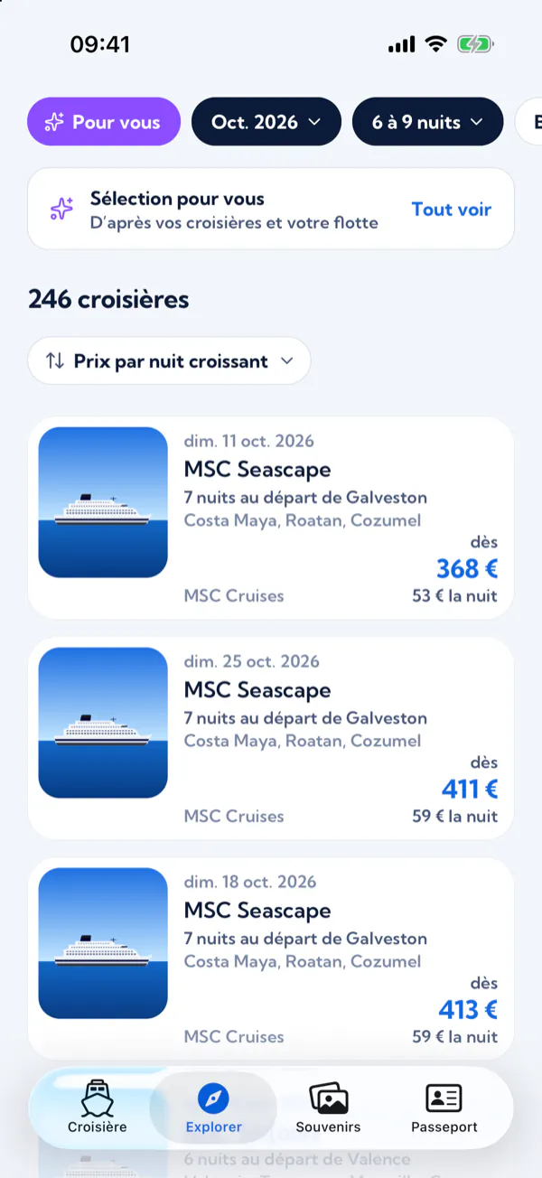 Explorer : les filtres choisis « Pour vous » d’après vos croisières et votre flotte, et les croisières triées par prix par nuit, avec leur prix de départ par personne et leur prix par nuit.