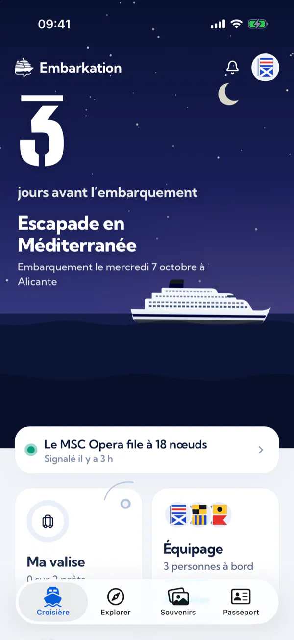 L’accueil : le compte à rebours avant l’embarquement, la croisière à venir et la position du navire en direct.