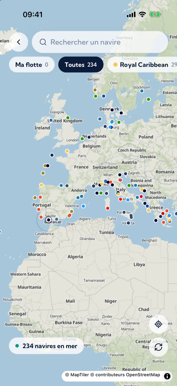 La carte des navires de croisière en mer, en direct, avec la recherche, la flotte suivie et le filtre par compagnie.