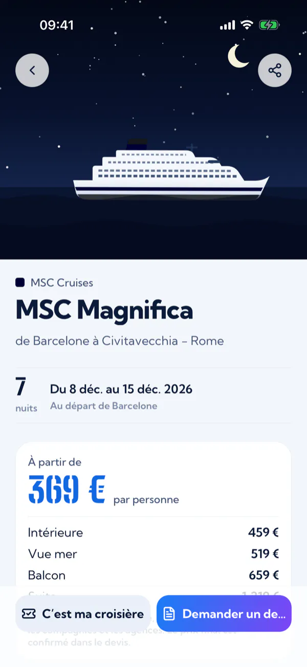 La fiche d’une croisière : les dates, le prix de départ par personne et le prix de chaque type de cabine.
