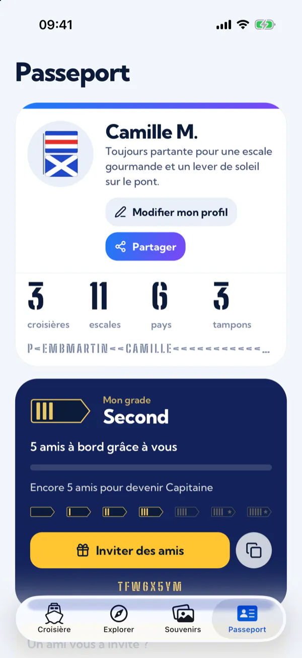 Le passeport : le profil, les compteurs de croisières, d’escales et de pays, et le grade de parrainage.
