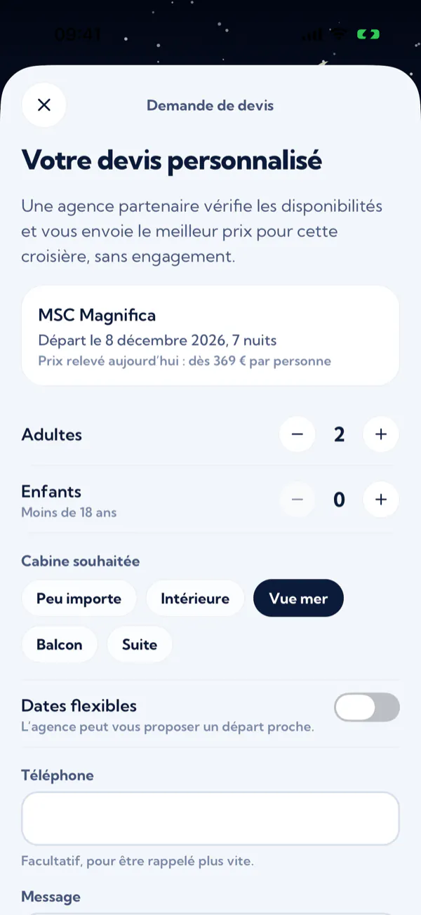La demande de devis : passagers, cabine souhaitée, dates flexibles et message.