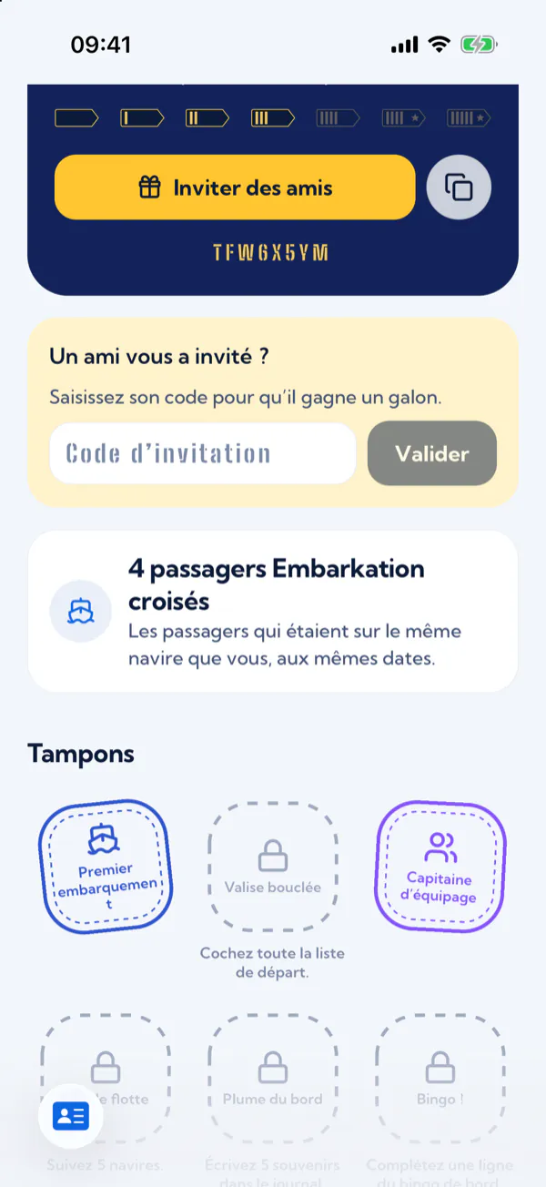 Les grades, le code d’invitation, la saisie du code d’un ami et le nombre de passagers Embarkation croisés.
