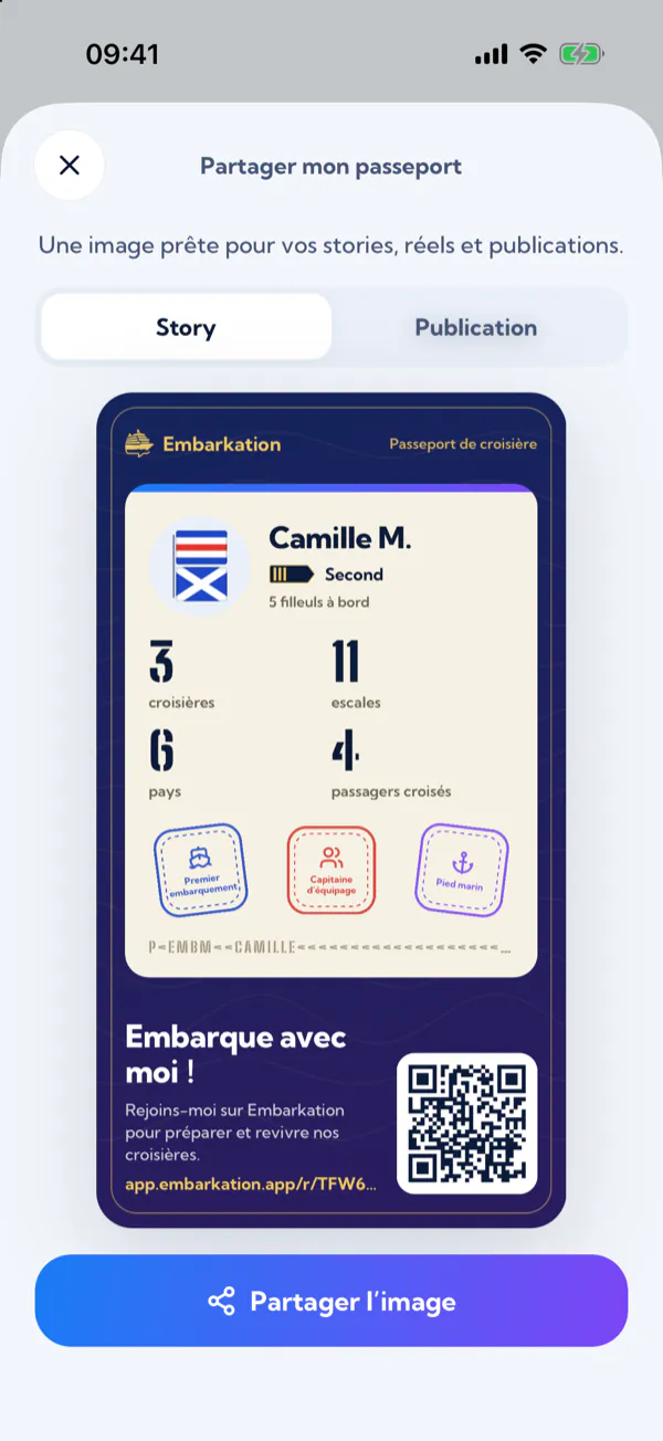 L’image du passeport à partager en story : grade, compteurs, tampons et QR code d’invitation.