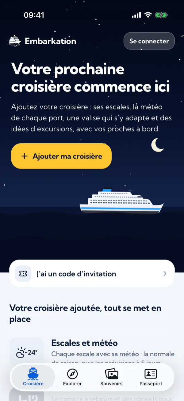 Le premier écran de l’appli : « Ajouter ma croisière » et « J’ai un code d’invitation ».